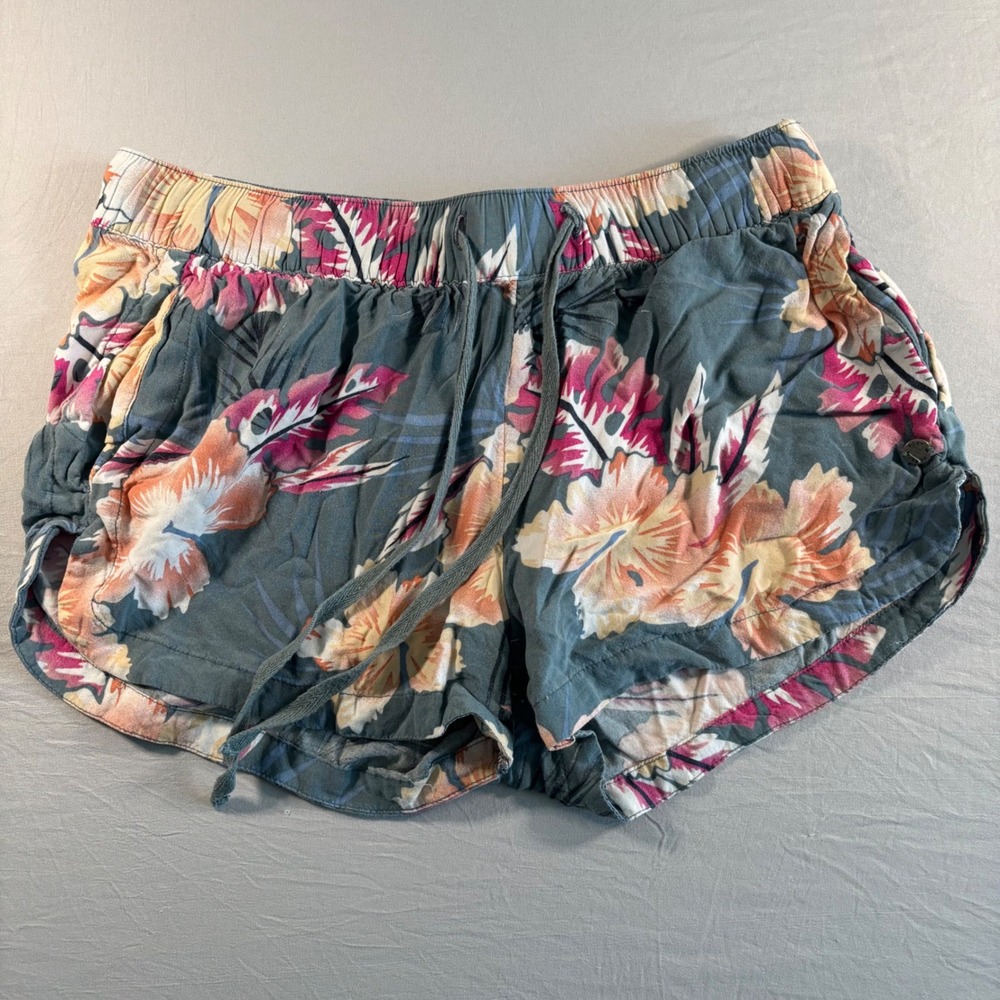 Roxy Women Tropical Floral Drawstring Elastic Waist Dolphin Shorts Blue Pink S